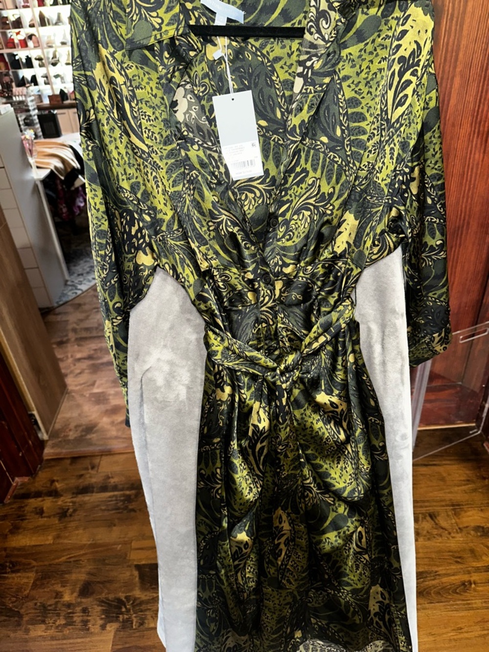 ANTONIO MELANI Olive and Black Paisley Long Sleeve Wrap Dress